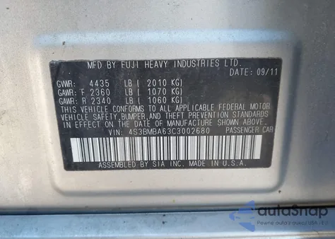 2012 Subaru Legacy 2.5I z USA, uszkodzony, nr VIN 4S3BMBA63C3002680